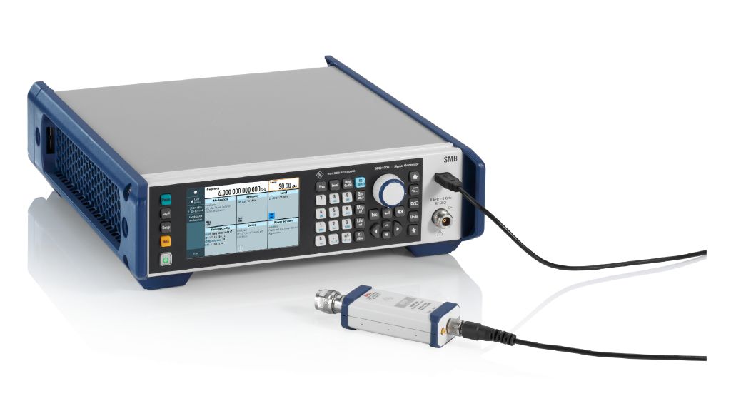 The R&S®SMB100B RF signal generator with connected R&S®NRP power sensor (via USB). The R&S®SMB100B RF signal generator with connected R&S®NRP power sensor (via USB).